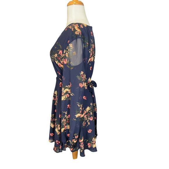 LULUS Floral Print Midi Dress Long Sheer Sleeves Zip Back Size Small Navy Blue - Picture 4 of 12